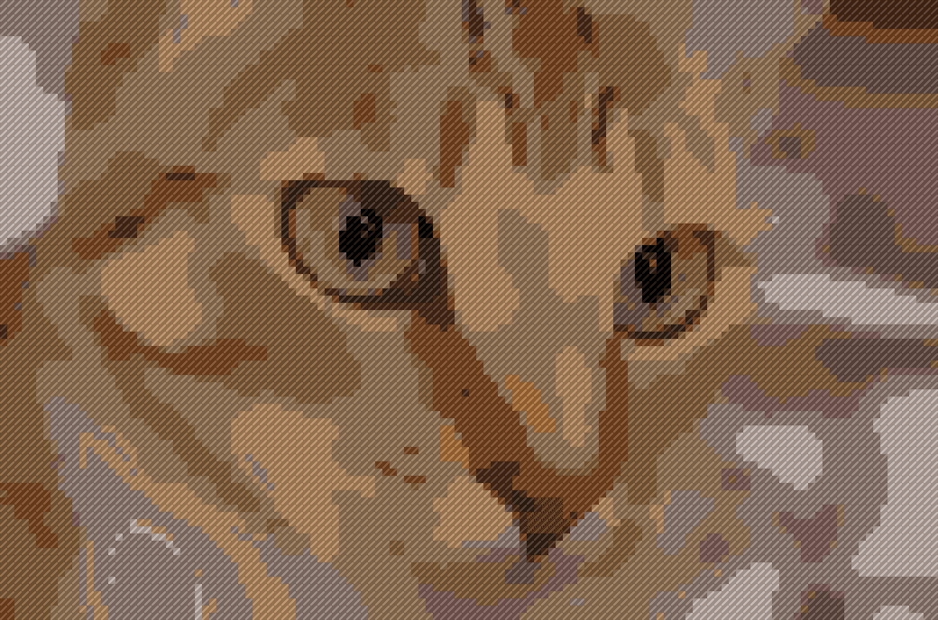 The same cat photo converted into a stitched needlepoint preview with a matched thread palette